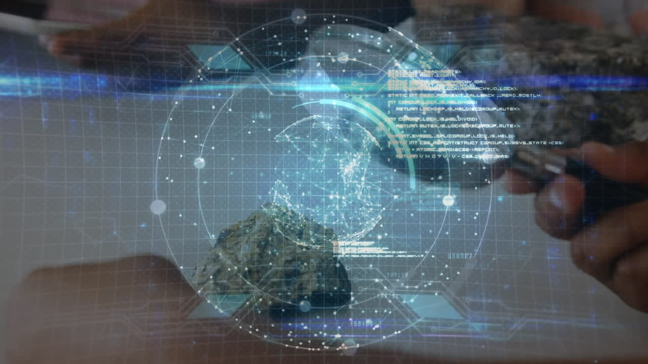 animación del globo hecho de conexiones sobre las manos de un niño afroamericano con lupa