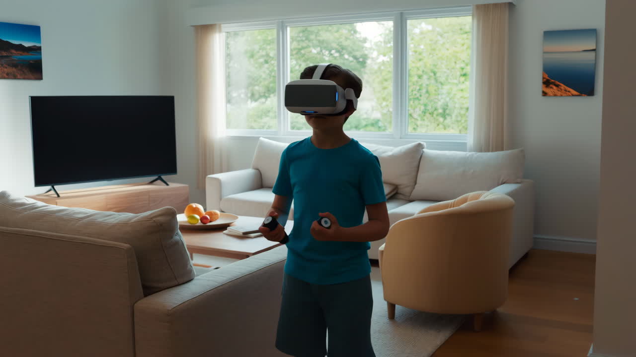 Ragazzo che gioca a un gioco di realtà virtuale a casa