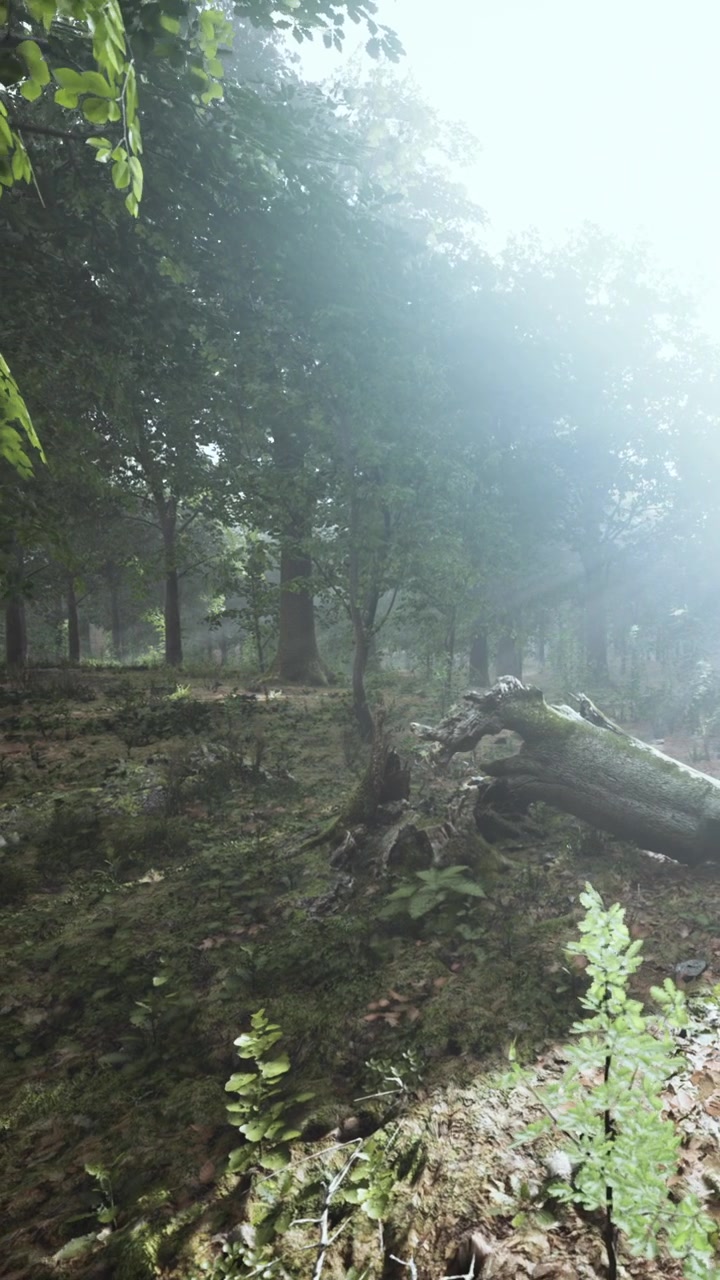 La luce del mattino filtra tra gli alberi in un tranquillo ambiente boschivo.