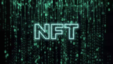 neon nft inscriptie op binaire code matrix achtergrond. niet-fungible token. digitale gegevens. nft metaverse concept.