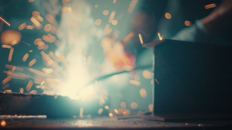 Bright welding arc producing sparks during metal welding in workshop close up, slow motion, rounded bend glowing red
