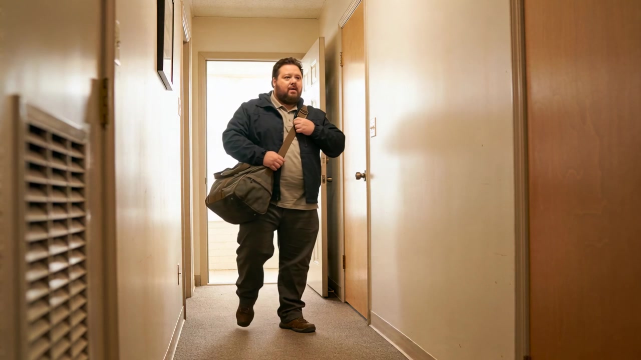 Hombre entrando por la puerta con un petate verde oliva colgado, ajustándose una chaqueta azul marino, comprobando la puerta en el pasillo y saliendo.