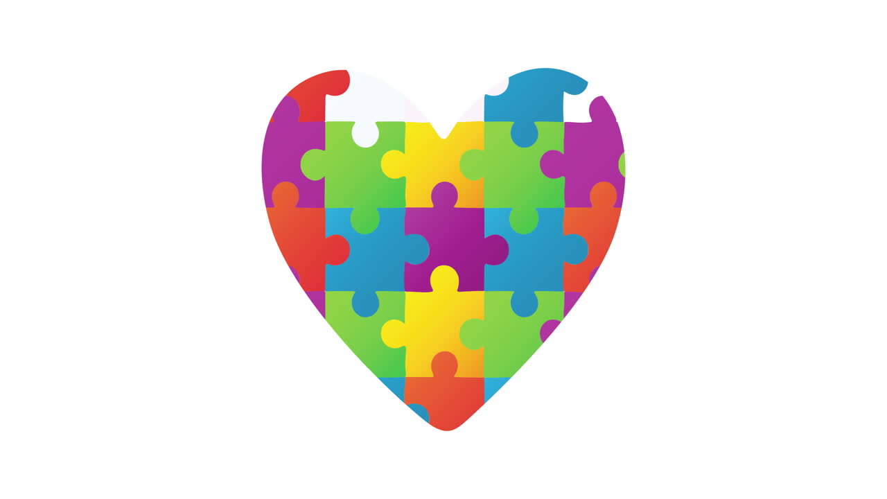 Digitally generated video of with puzzle elements forming heart shape against white background