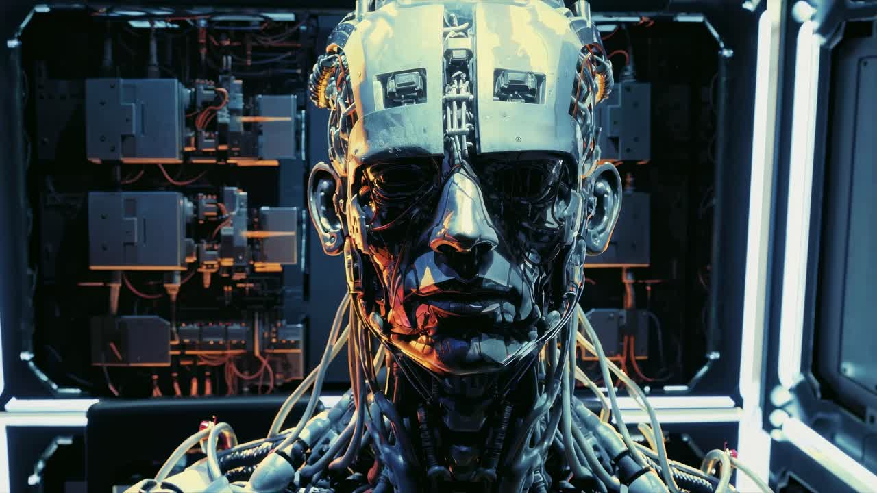 Cyborg futuristico in un laboratorio scarsamente illuminato, ripreso da un’angolazione dal basso
