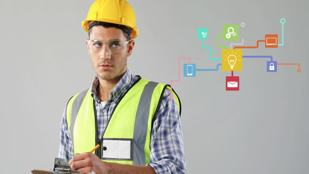 red de iconos de conexión contra un arquitecto masculino tomando notas contra un fondo gris