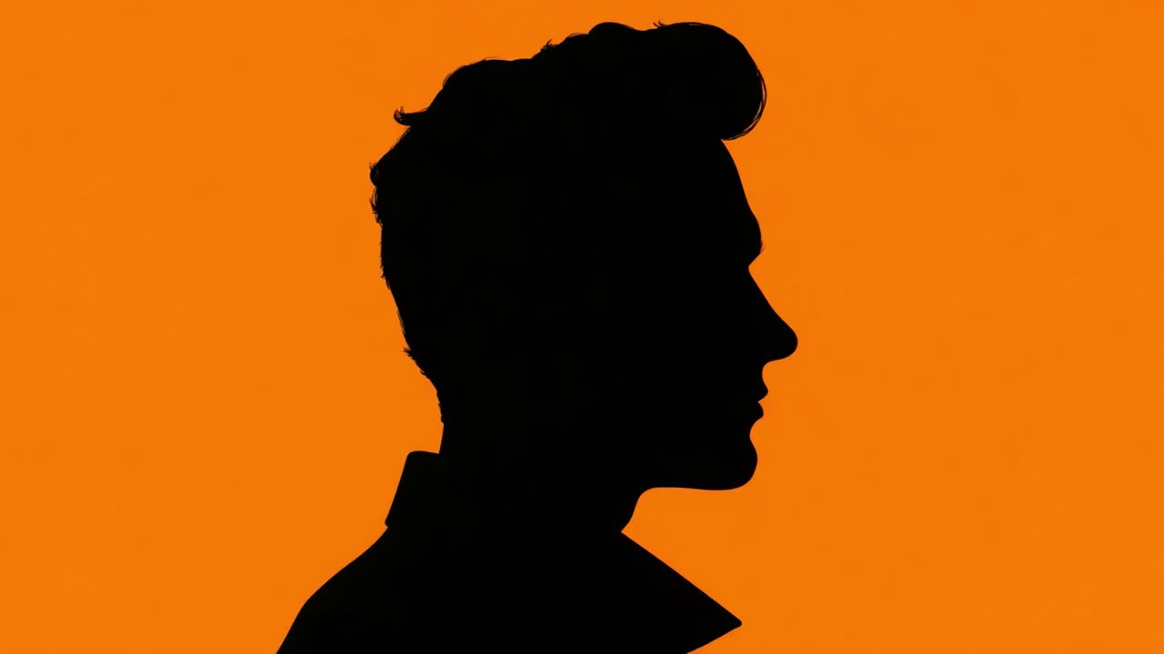 Silhouette di un profilo pensieroso su uno sfondo arancione vivido, che crea un contrasto sorprendente ed evoca un senso di riflessione e contemplazione