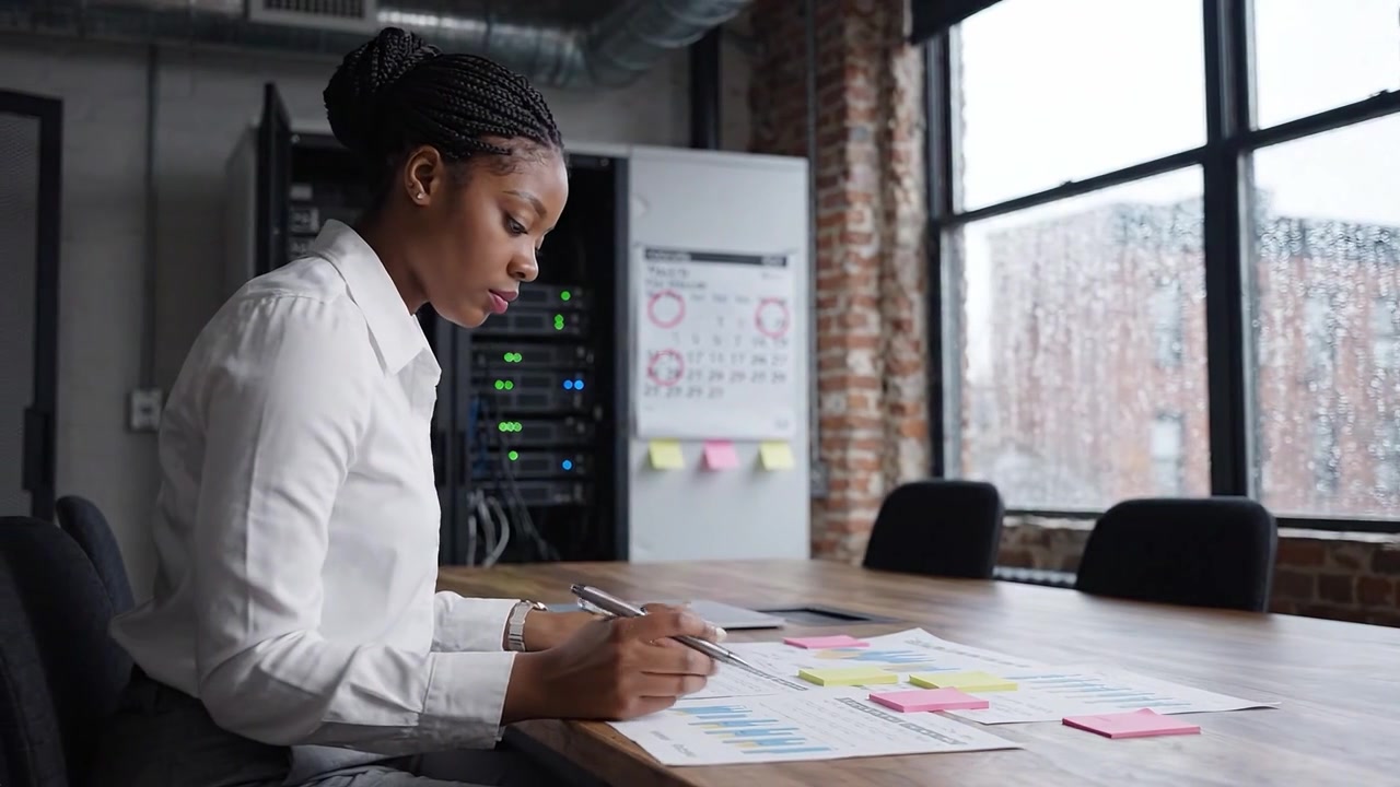 Focused Professional Analyzing Data and Taking Notes on Paper at a Modern Workspace with Technology in Background During Rainy Day, Enhancing Productivity and Creativity