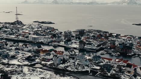 settlements in henningsvaer village in vagan, nordland, norway. aerial drone shot