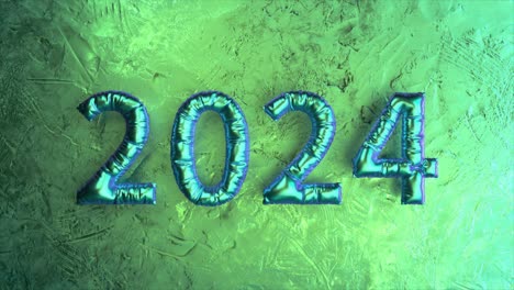 Iridescent-Blue-2024-Balloon-Figures-on-a-Textured-Green-Background-Embodying-a-Futuristic-New-Year