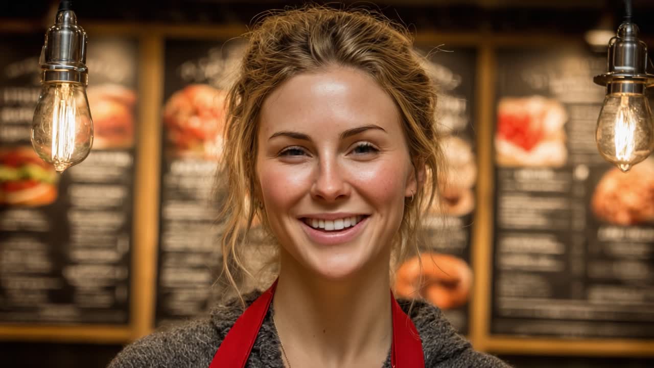 Allegra donna sorridente in un ristorante accogliente con una lavagna menu sullo sfondo, che emana calore e ospitalità mentre accoglie i clienti con un sorriso smagliante
