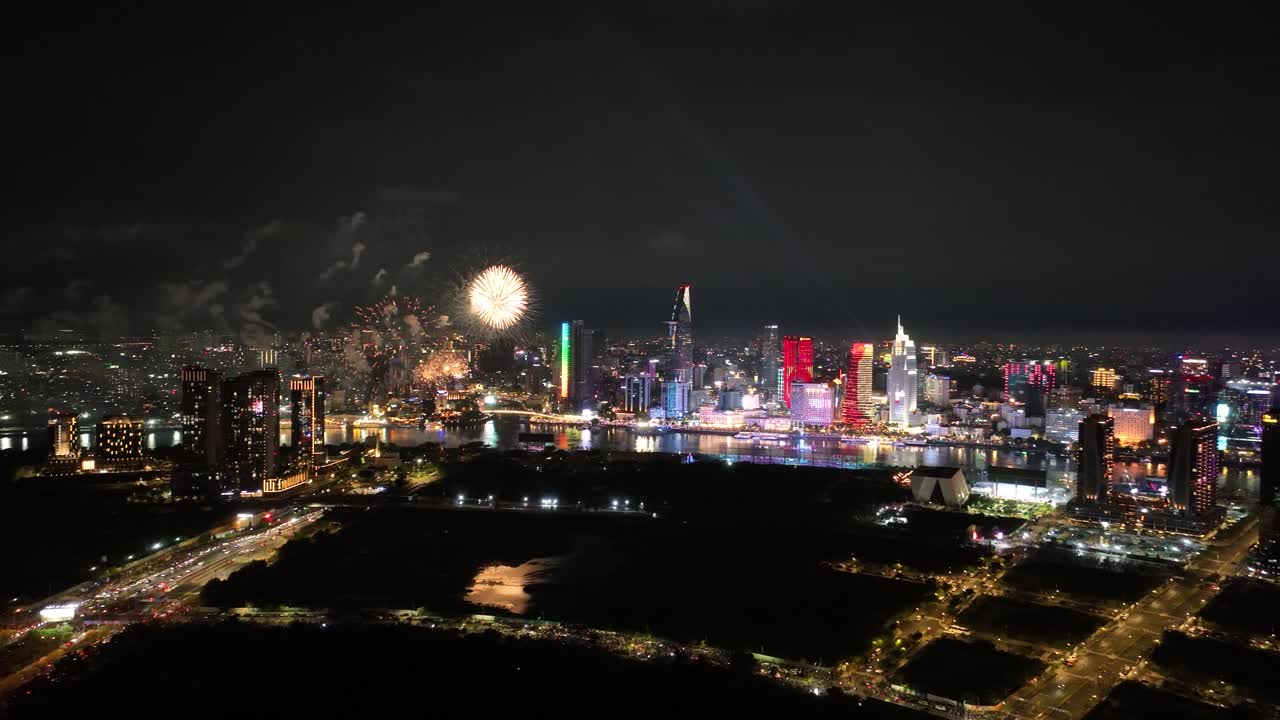 Aerial View of Fireworks Show Over Skyline Of Ho Chi Minh City During The 50th Reunification Day In Vietnam.