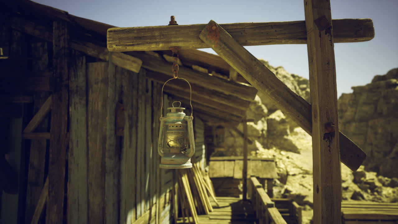 Travi rustiche di una veranda soleggiata con vernice scrostata e uno sfondo di canyon in lontananza.
