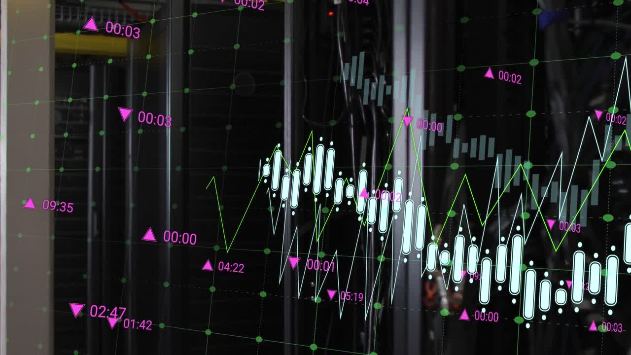 animación del procesamiento de datos financieros a través de servidores informáticos