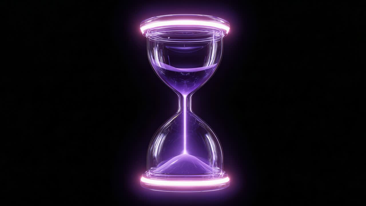 Glowing purple sand flowing through a futuristic glass hourglass with neon rings, representing the passage of time, deadlines, and history against a stark black background in a seamless loop