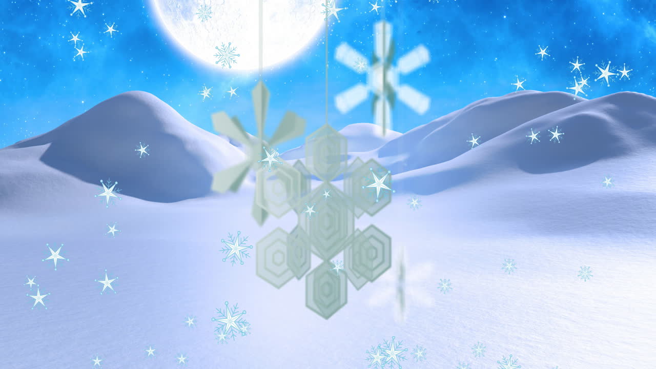 Animation of paper snowflakes over snow falling