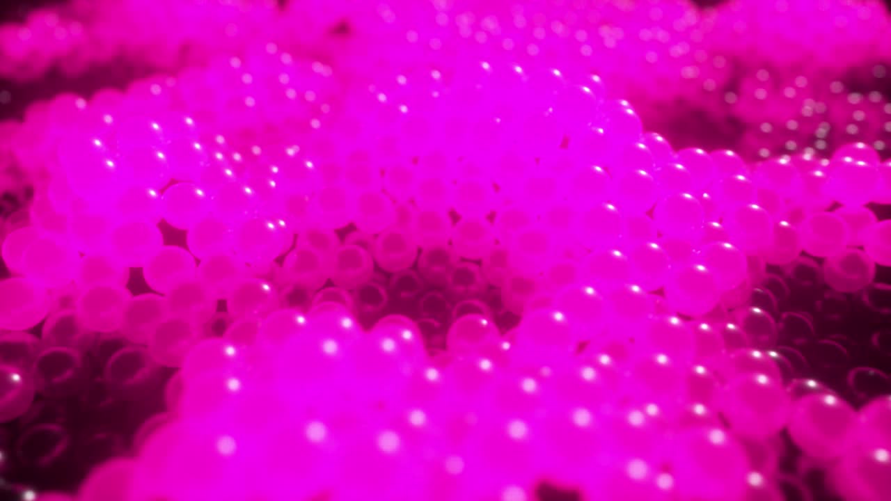 bolas brillantes dinámicas en color púrpura con movimientos abstractos. bucle sin costuras 3d render