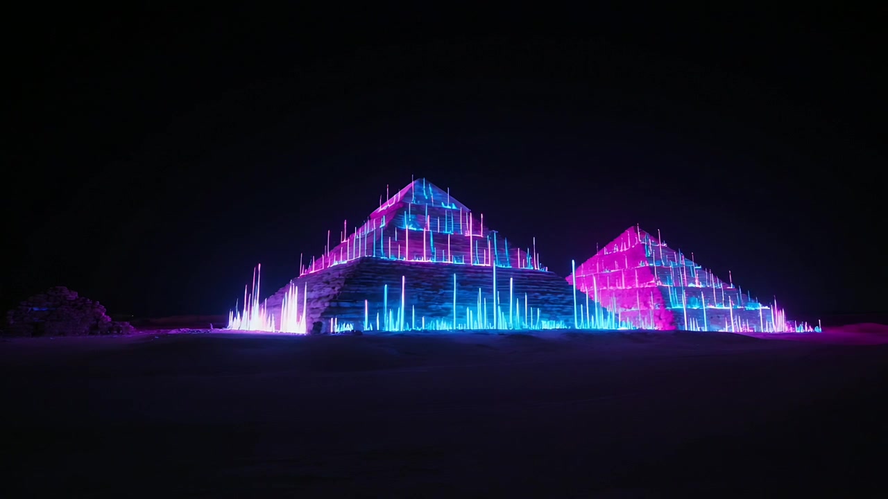 Åbnende neonpyramider med pulserende pigge og skiftende cyan-magenta gitter på en mørk slette, der skaber glød.