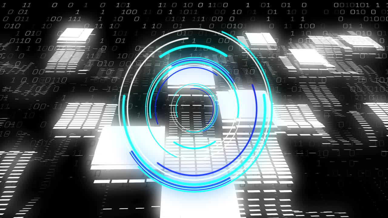 Binary code and digital interface animation over futuristic cityscape