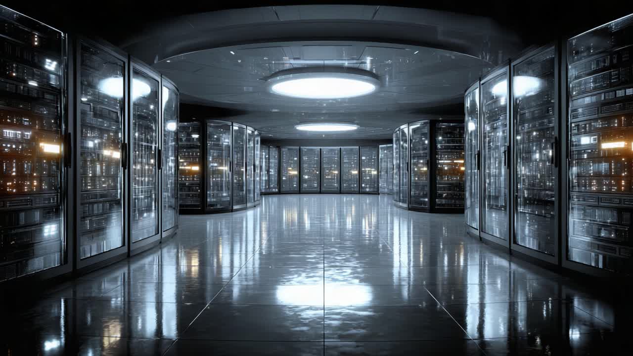A Vast, Modern Data Center Showcasing Rows of Cutting-Edge Server Racks Illuminated by Circular Ceiling Lights and Reflective Floors, Symbolizing the Power of Technology
