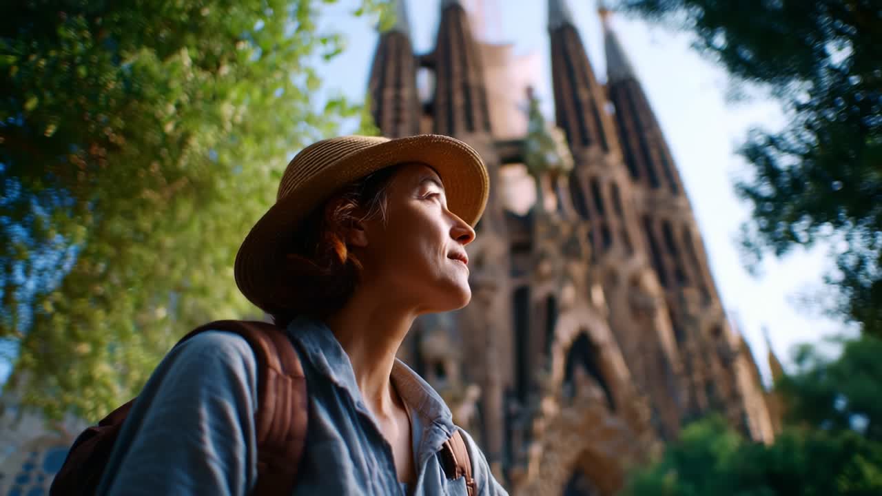 Un viaggiatore contemplativo ammira la maestosa architettura di una cattedrale storica, incorniciata da una vegetazione lussureggiante e dalla luce del sole che illumina la splendida scena.