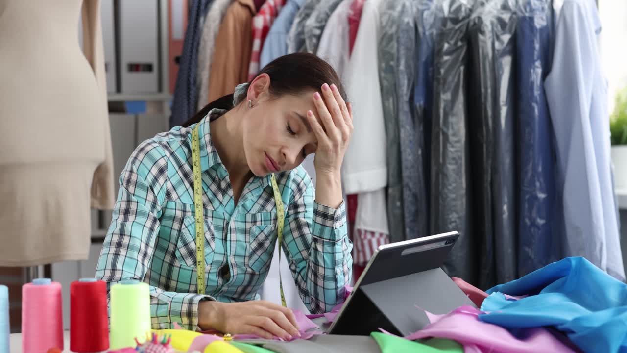 Sarta, stilista e designer triste e sconvolto/a sul posto di lavoro in un atelier.