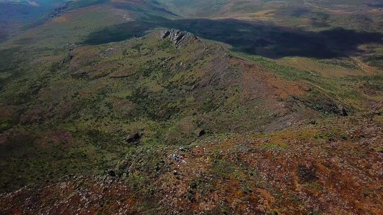 Mountain Climbers On A Rugged Peak In Mount Elgon In Uganda-Kenya Border In Africa. aerial drone