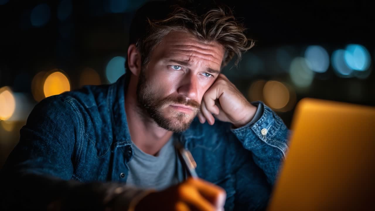A Tired Man Deep in Thought While Working Late at Night, Struggling to Focus on His Laptop Surrounded by Blurred City Lights