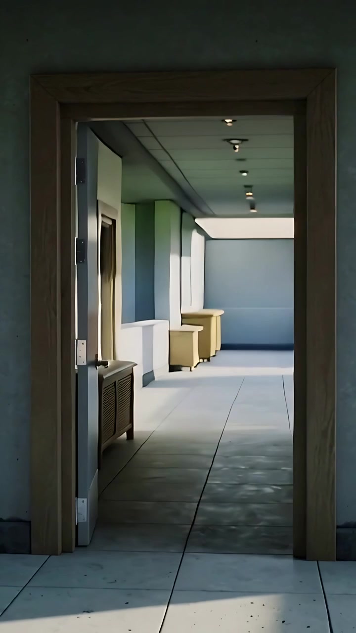 Video verticale: Telecamera che panoramica una porta di legno mostrando un lungo corridoio piastrellato con panchine per rivelare l'interno.