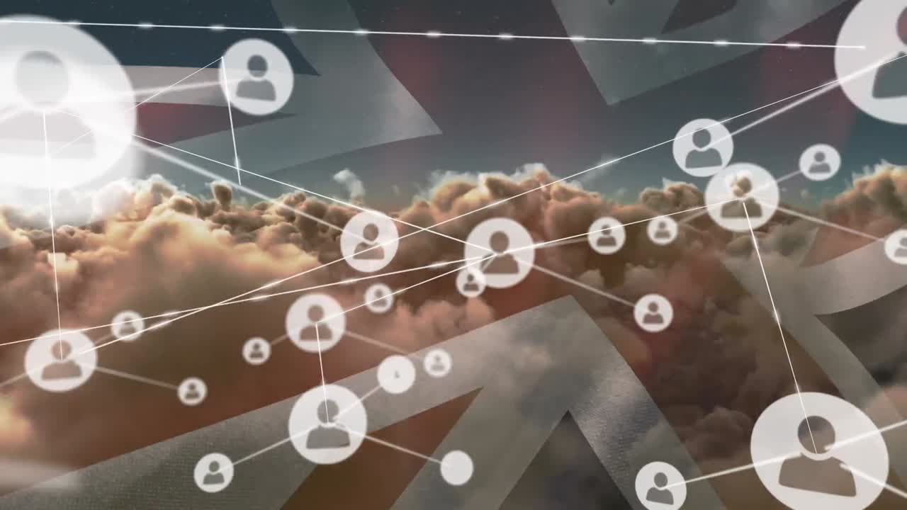 анимация сети соединения и иконки над британским флагом и облачным небом