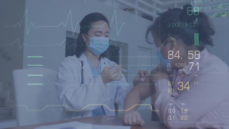 Animation-Der-Datenverarbeitung-über-Asiatischen-Arzt-Und-Patienten-Mit-Gesichtsmasken