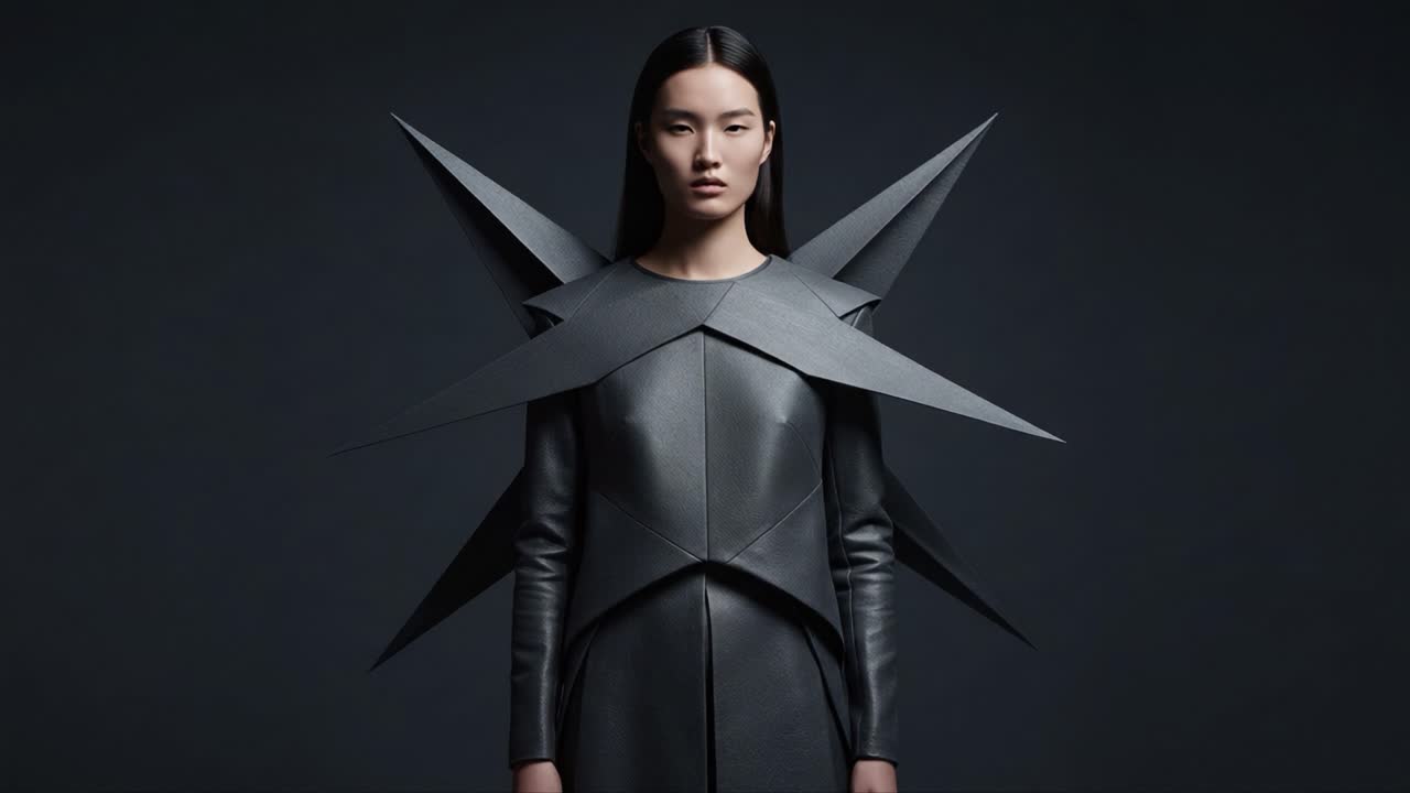 A Stunning Fashion Statement: A Model Showcases a Unique Black Leather Outfit with Bold Geometric Spikes, Creating a Striking Visual Contrast Against a Dark Background