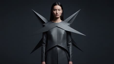 a stunning fashion statement: a model showcases a unique black leather outfit with bold geometric spikes, creating a striking visual contrast against a dark background