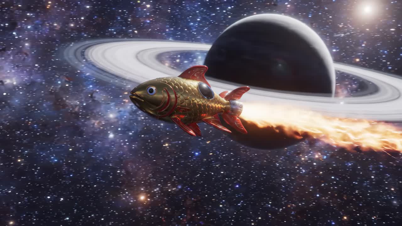 Razzo a forma di pesce dorato che vola nello spazio oltre un pianeta con anelli