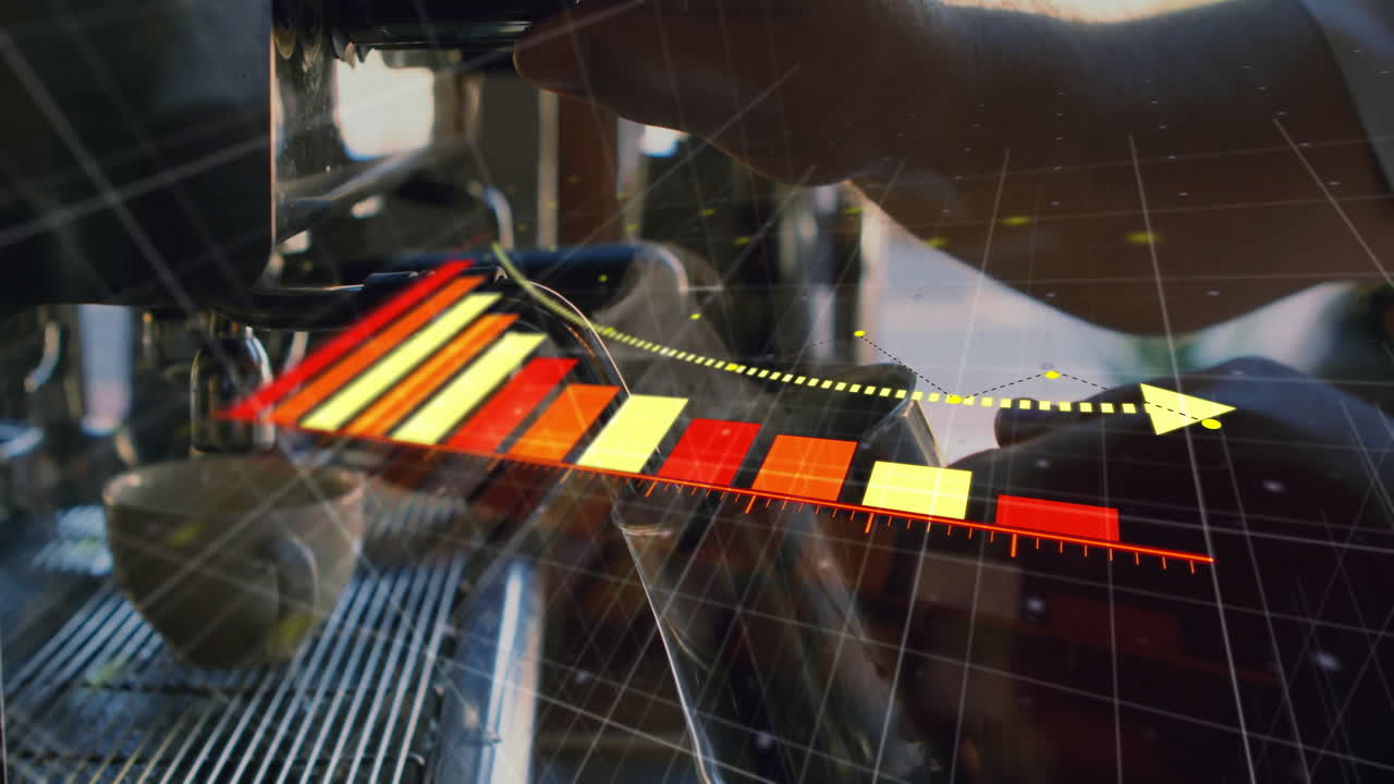 Barista hand locking portafilter on espresso machine at counter, showing technology growth chart