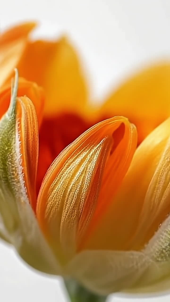 Orange flower blooming green. This vibrant orange flower is opening up, showcasing delicate petals and green foliage in soft lighting.