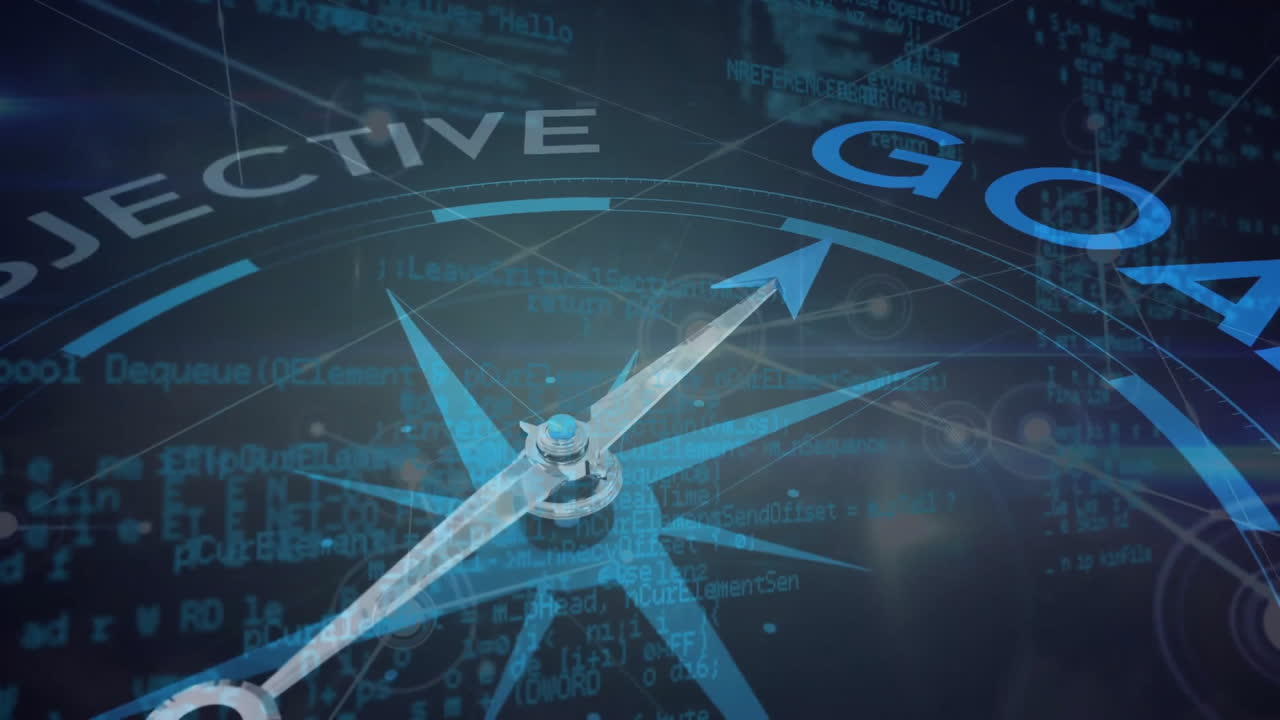 검은색 바탕에 데이터 처리 및 연결 네트워크에 대한 텍스트와 함께 나침반의 애니메이션