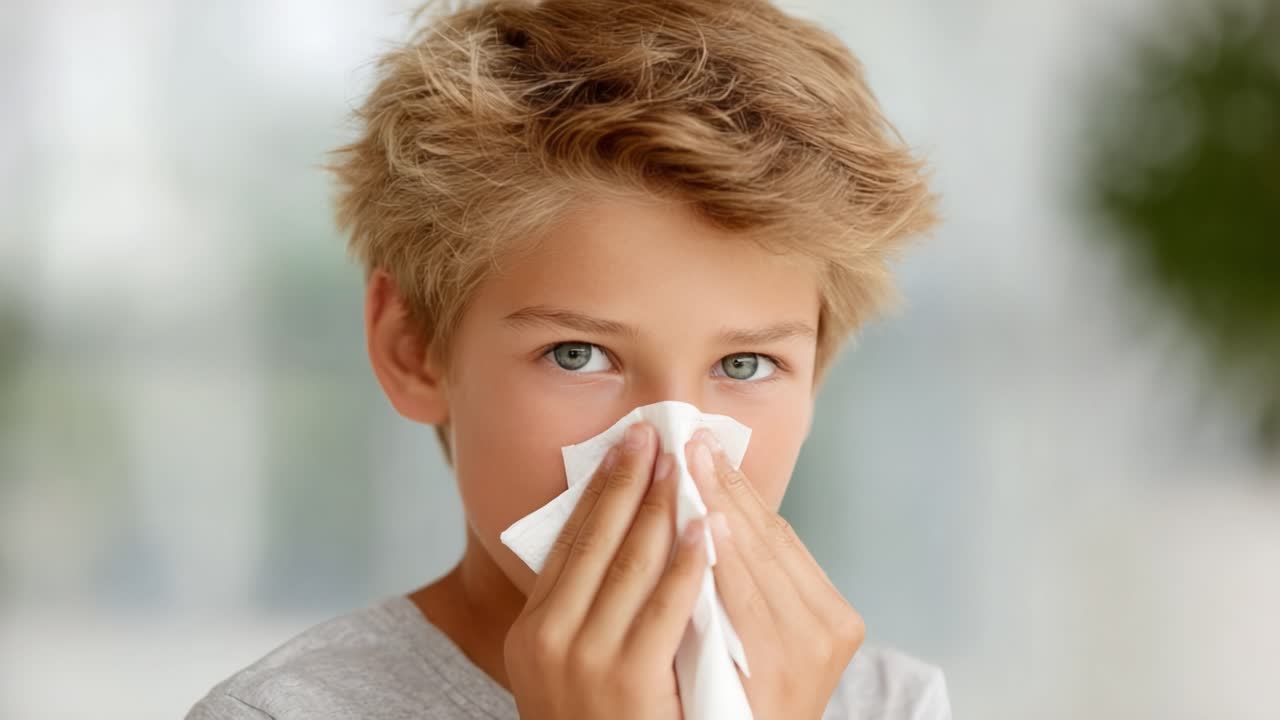A Young Boy Shows Emotion While Coping with a Cold, Transitioning from Sneezing to Reflective Moments, Highlighting the Challenges of Childhood Illness