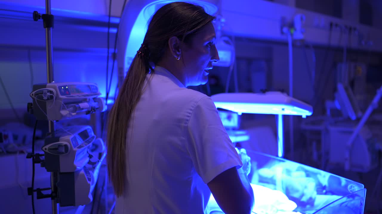 Nurse feeding baby in incubator