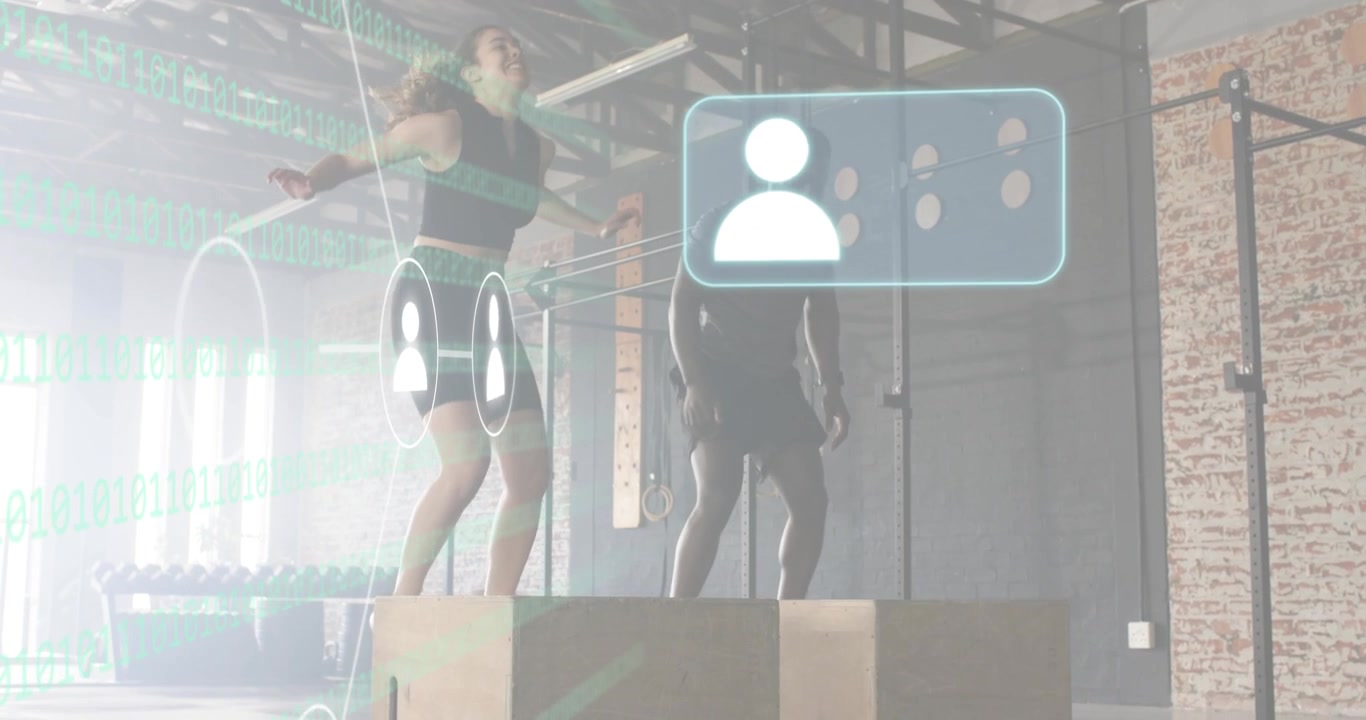 fitness duo squatting with bands on plyo boxes, jumping and showing pulsing network and ID overlay