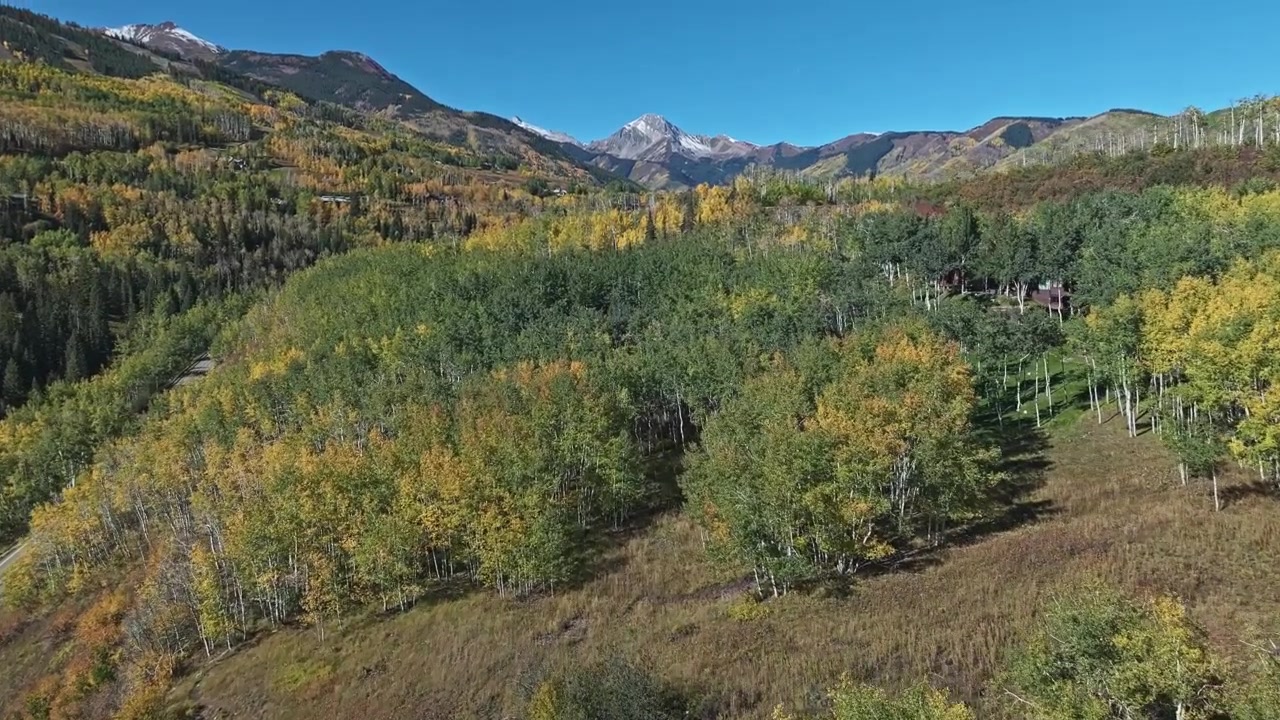 Ripresa aerea con dolly di un drone su strade di montagna a Snowmass Village, Aspen, con alberi autunnali colorati in tutto il loro splendore