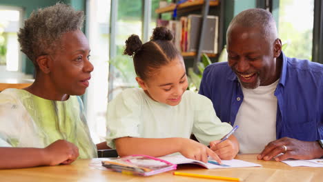 multi-generation family with grandparents helping granddaughter with school homework at home