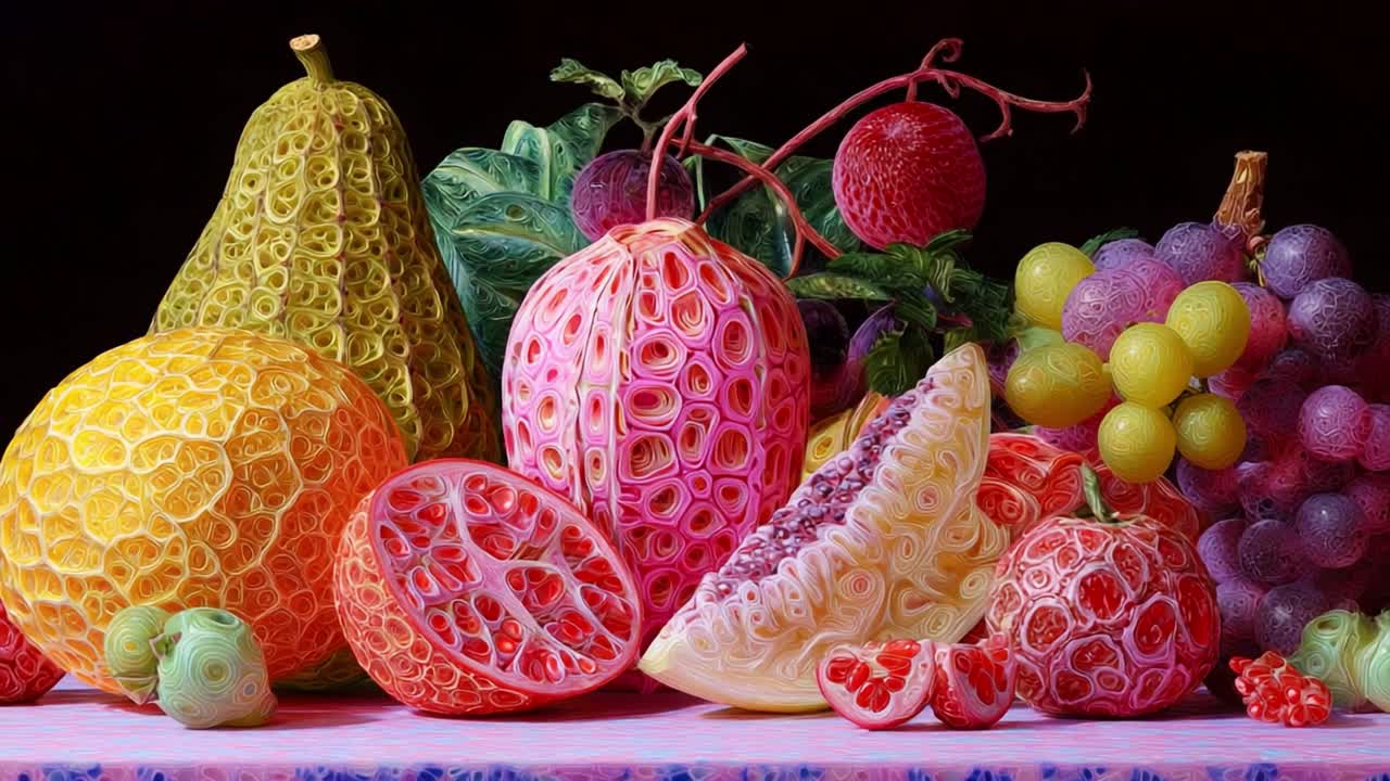 A Captivating Display of Intricately Carved and Colorful Fruits Showcasing the Beauty of Nature's Designs in Vibrant Colors and Unique Patterns Arranged Aesthetically