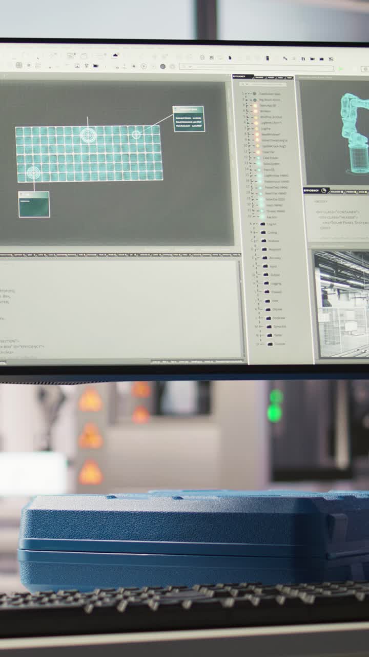 Vertical video Display in industry 4.0 solar panels plant troubleshooting equipment malfunction