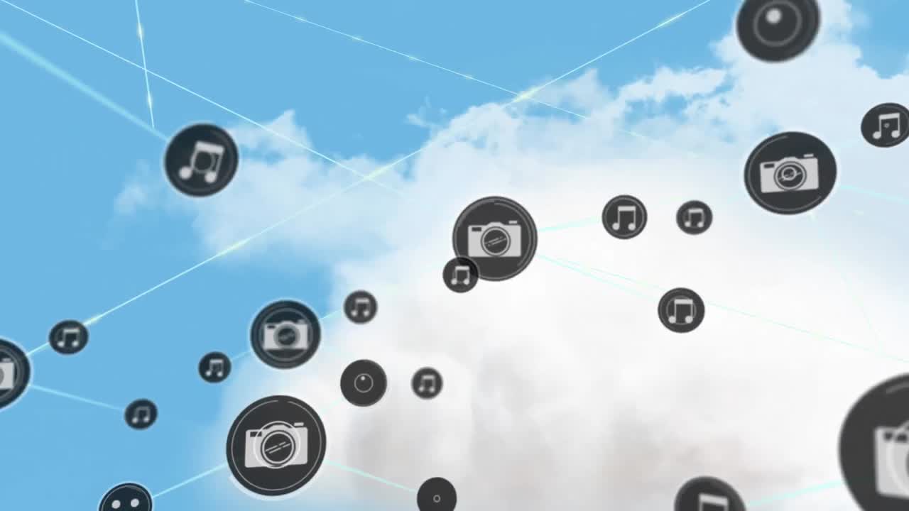 하늘 위의 아이콘으로 연결 네트워크의 애니메이션