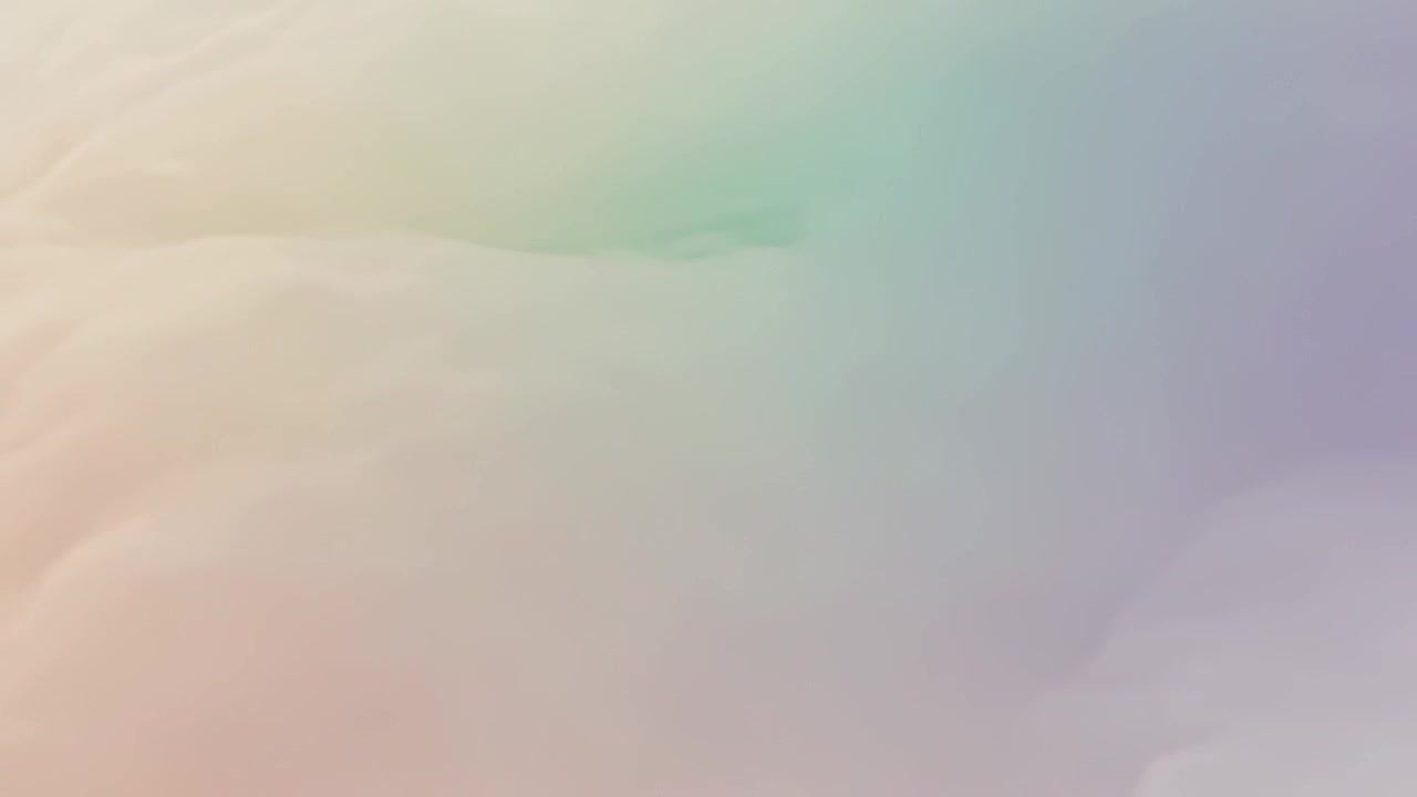 Slow drift revealing soft pastel cloud deck forming ridges at aerial view, with mint-lavender light