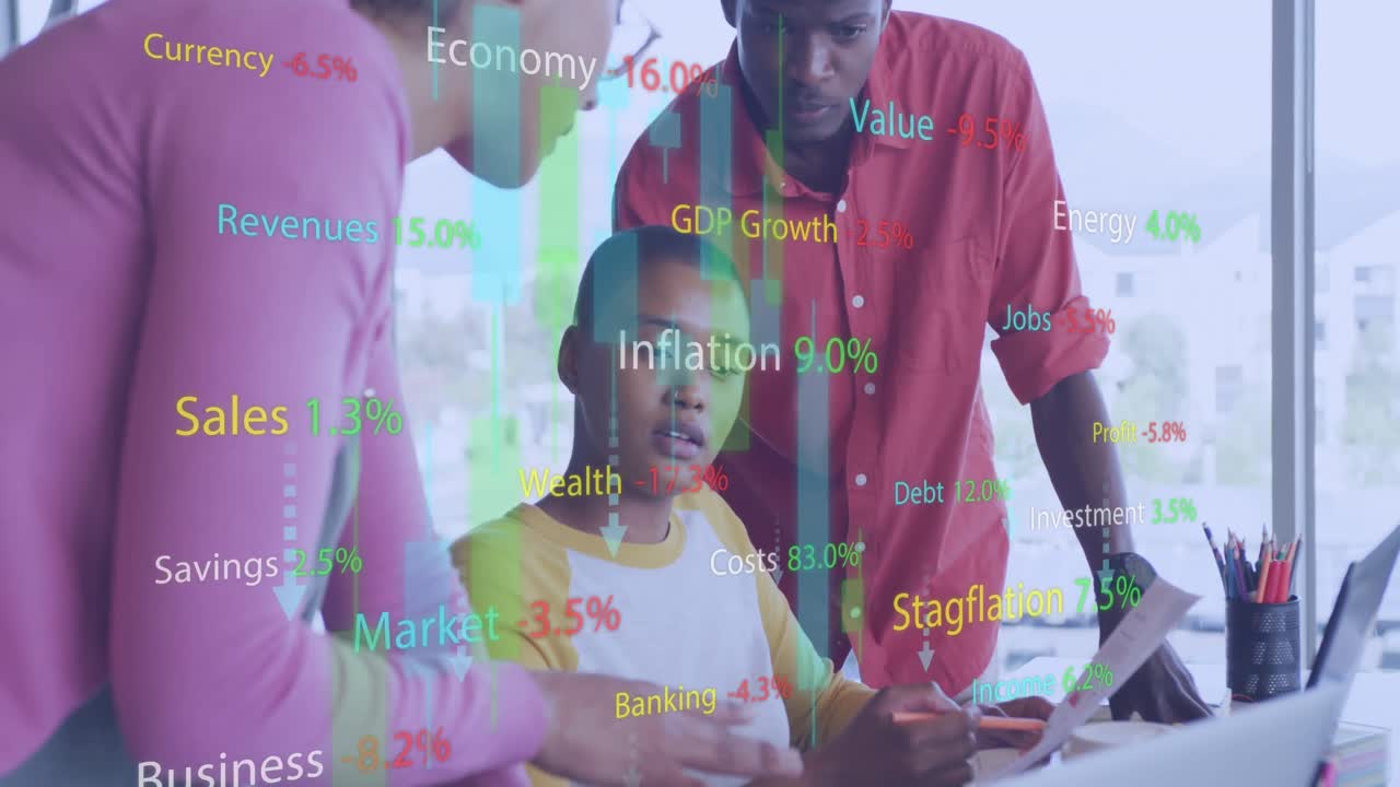 Animation of financial data processing over diverse business people at office