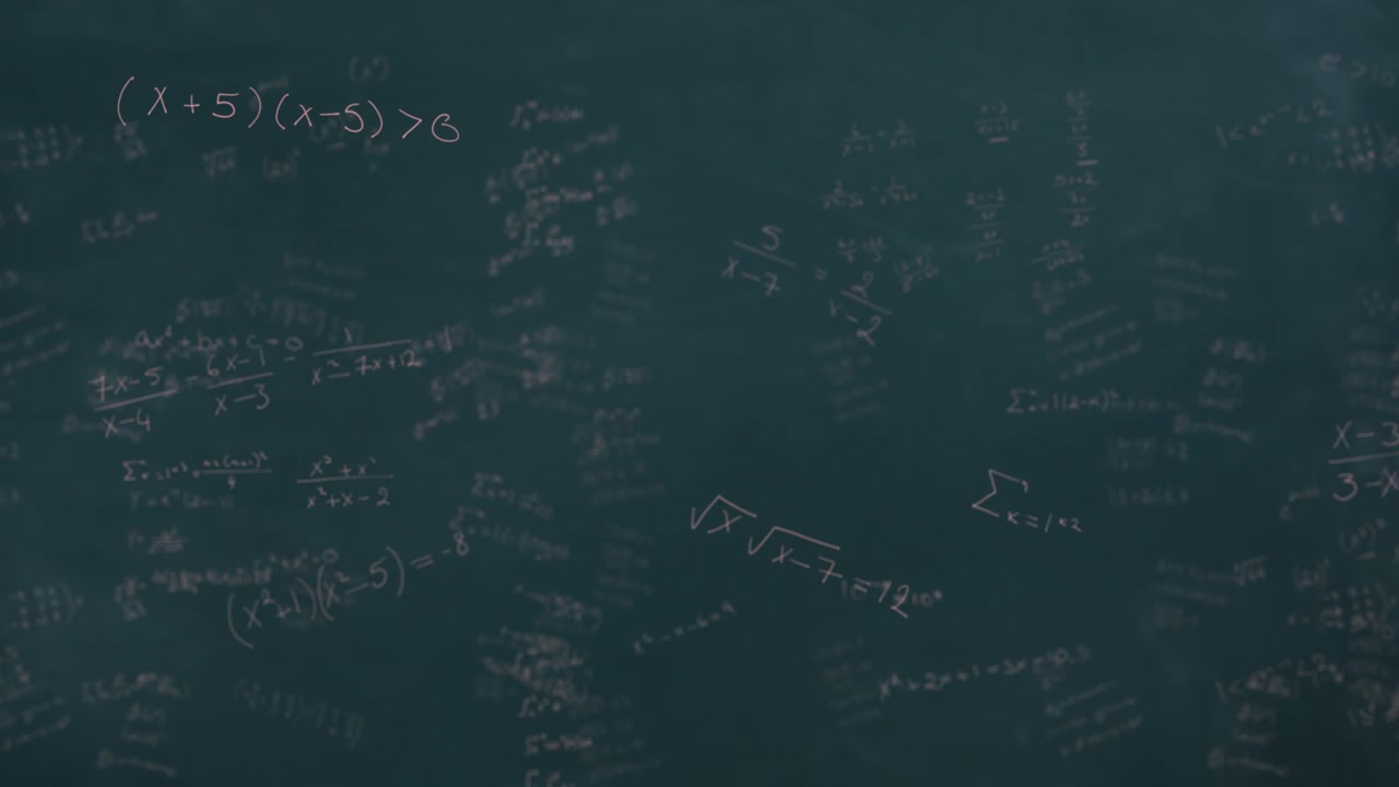 Mathematical equations moving against black board