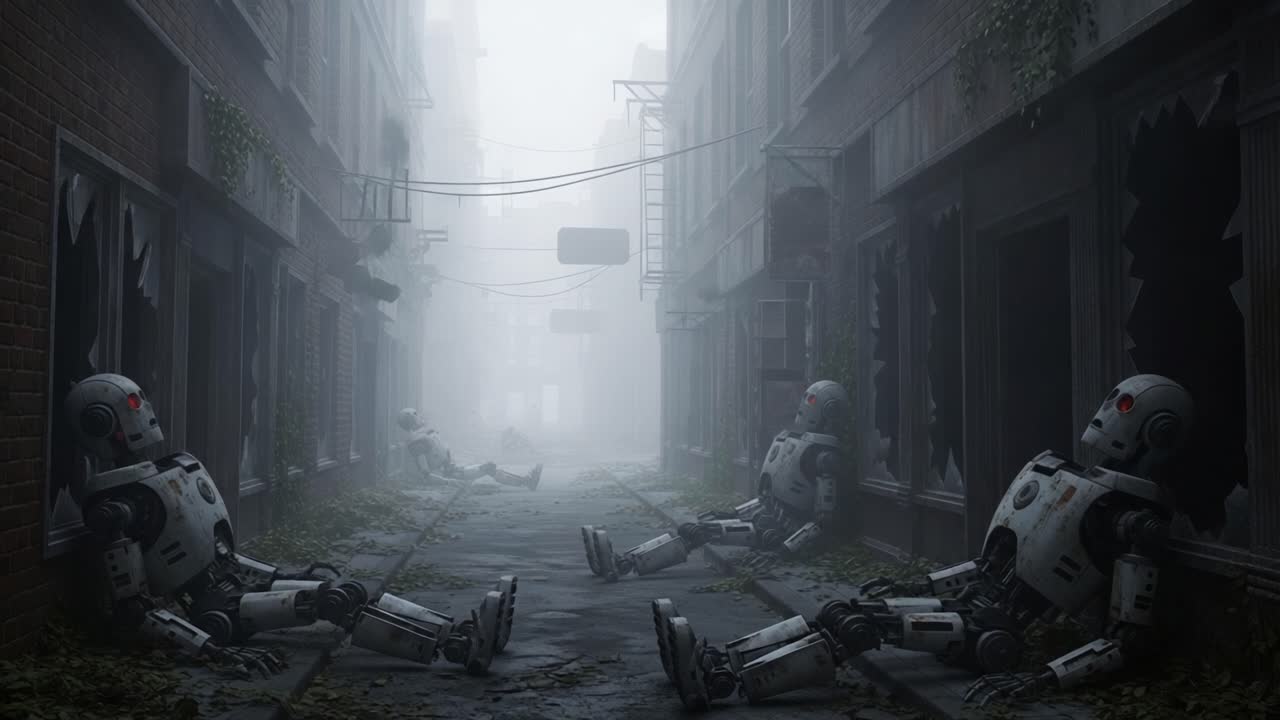 Abandoned Alleyway Filled with Inactive Robots Surrounded by Overgrown Vegetation and Fog, Evoking a Sense of Futuristic Desolation and Mystery