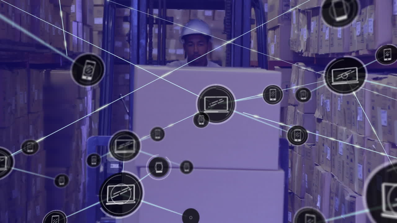 red de iconos digitales contra un trabajador afroamericano que conduce un vehículo de carretilla elevadora en un almacén