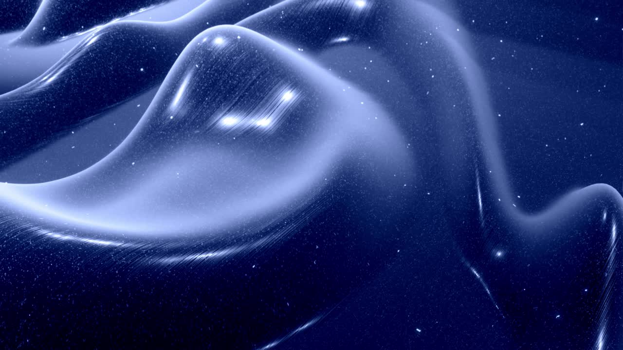 Stylish festive abstract black bg. Fantastical looped background, waves move on glossy surface like landscape made of liquid blue wax with sparkles. Beautiful soft background with smooth animation 4k